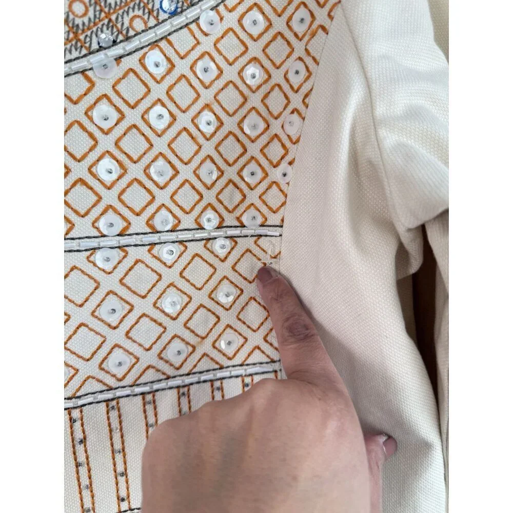 CHICO'S Women’s Embellished Jacket Tan Beige Embroidered‎ 3/4 Sleeves Size 2